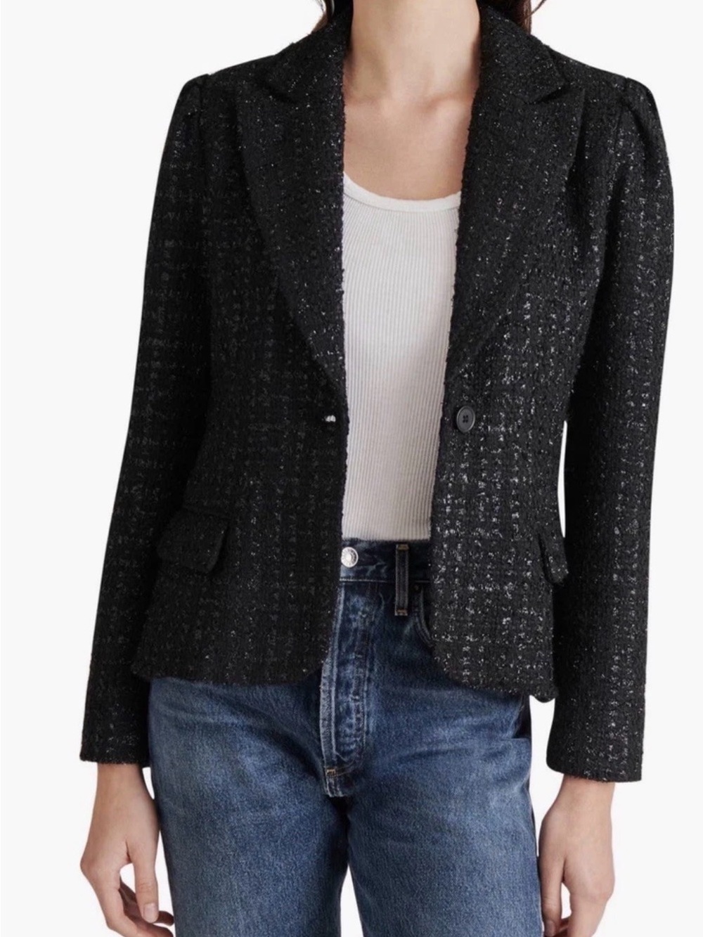 NWT Steve Madden Black Tweed Women's Blazer Jacket with Subtle Shimmer.